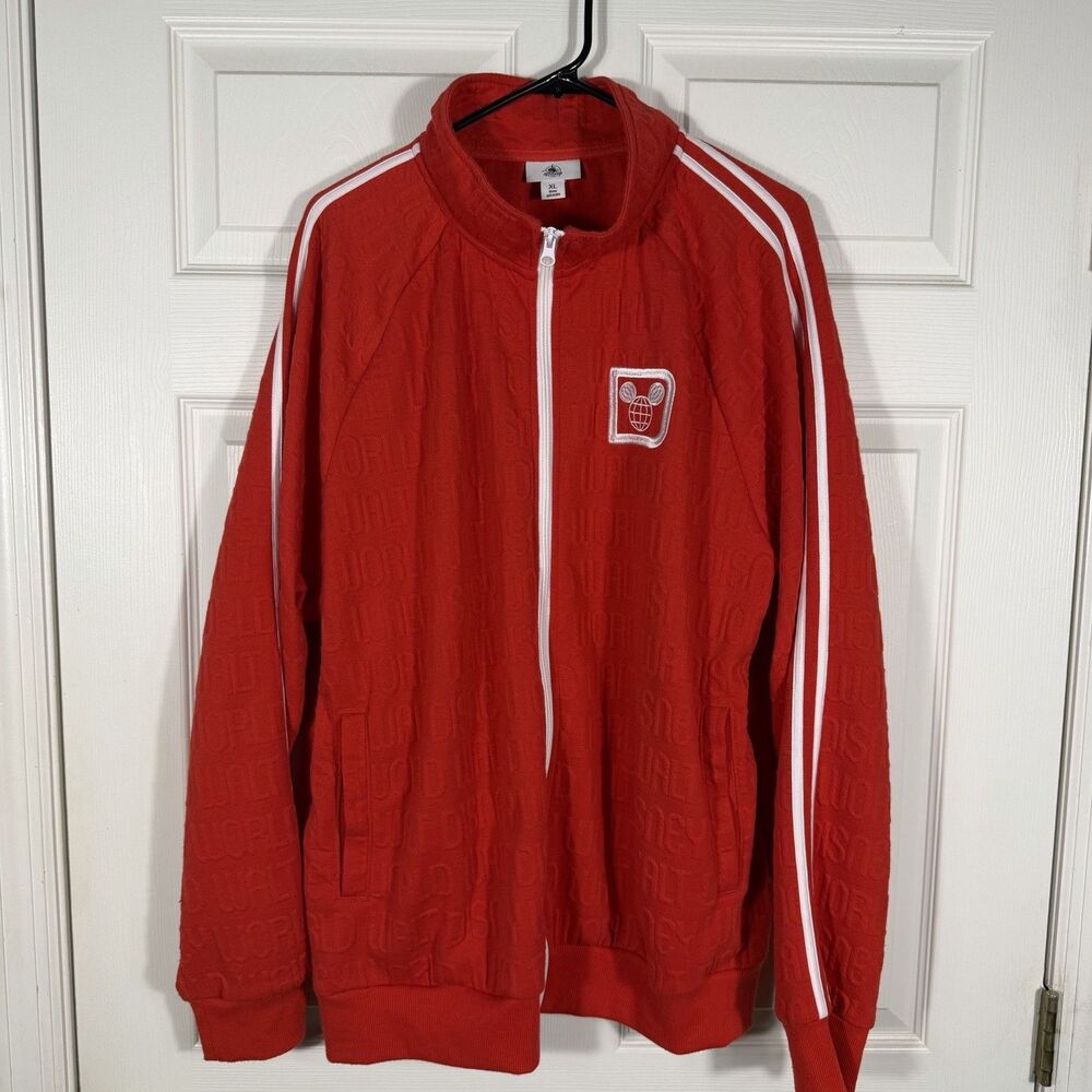 Disney Parks WDW Track Jacket XL Red Jacquard Globe Mickey Full Zip Retro